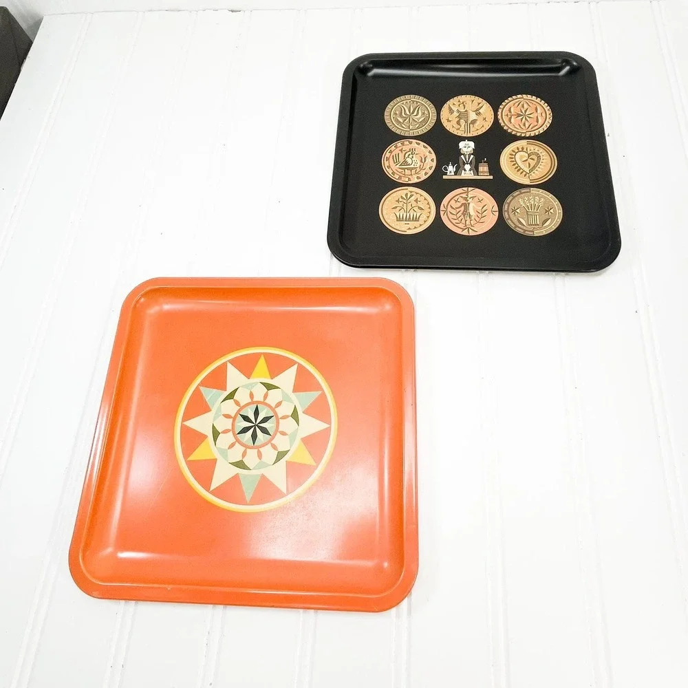 Midcentury Modern Metal Tray Set: Orange & Black Vintage Decor